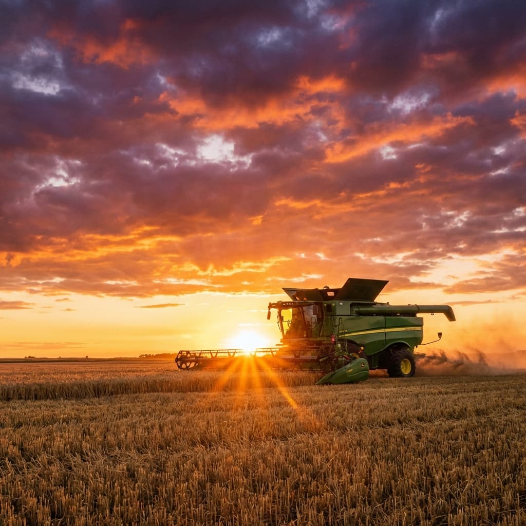 Harvesting wheat at sunset